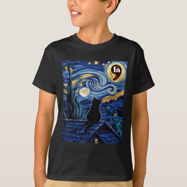 Starry Night Black Cat Comma La Kamala Harris 2  T-Shirt (Front)