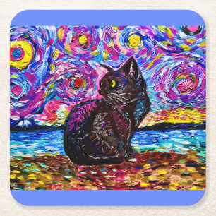 Starry Night Black Kitty Coasters