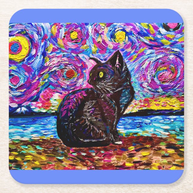 Starry Night Black Kitty Coasters (Front)