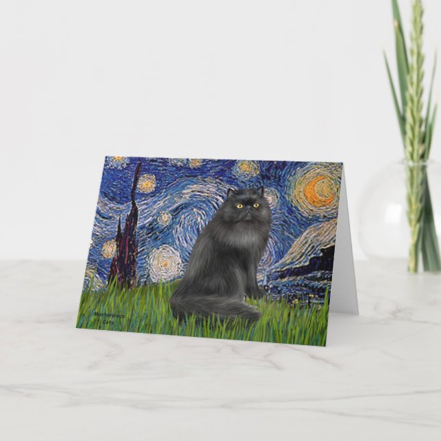 Starry Night - Black Persian cat Card (Front)