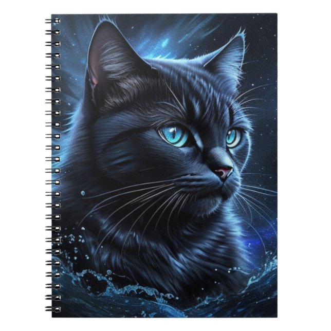 Starry Night Blue Black Cat Splash Art  Notebook (Front)