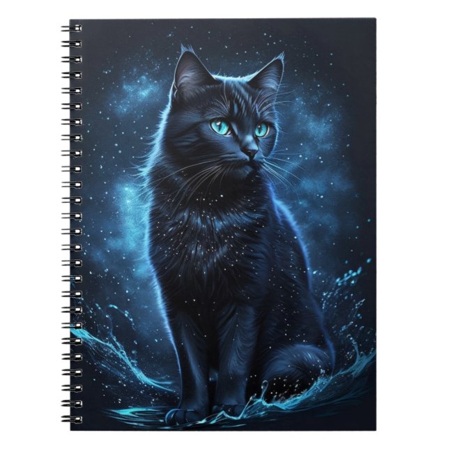 Starry Night Blue Black Cat Splash Art  Notebook (Front)
