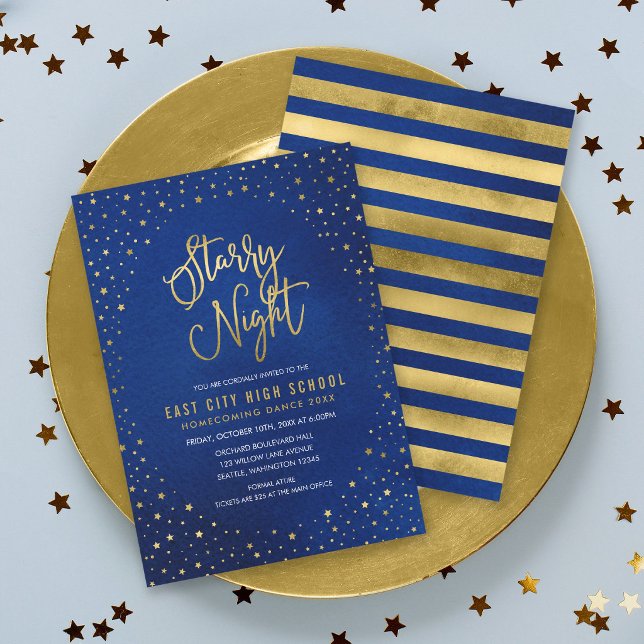 Starry Night Blue Faux Gold School Dance Invitation (Creator Uploaded)