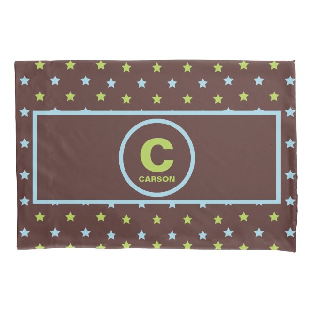 Starry Night Blue Green and Brown Boy's Monogram Pillowcase (Front)