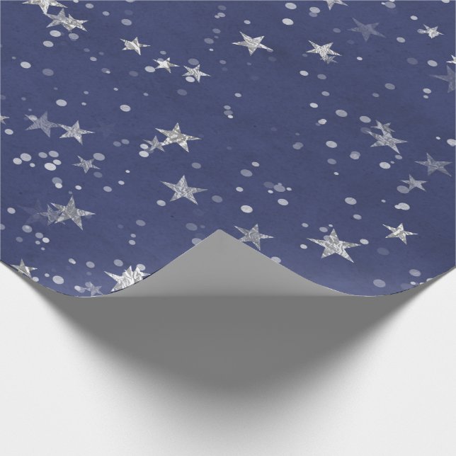 Starry Night Blue Navy Grey Silver Confetti Wrapping Paper (Corner)