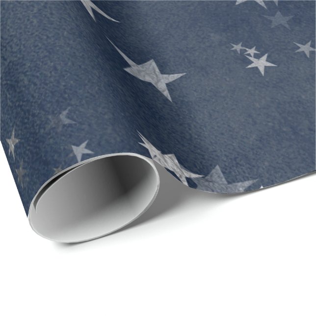 Starry Night Blue Navy Stars Grey Silver Confetti Wrapping Paper (Roll Corner)