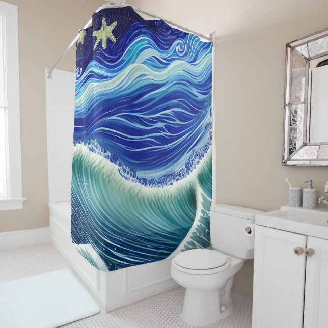 Starry Night Blue Ocean Wave Shower Curtain (In Situ)