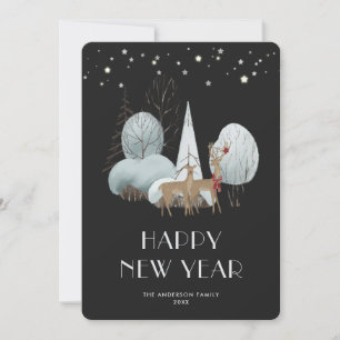 Starry Night Buck Doe Black New Year Card