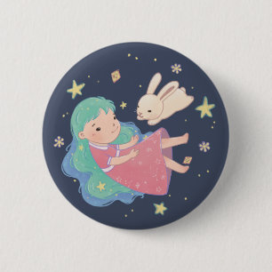 Starry Night Bunny & Girl Illustration 6 Cm Round Badge