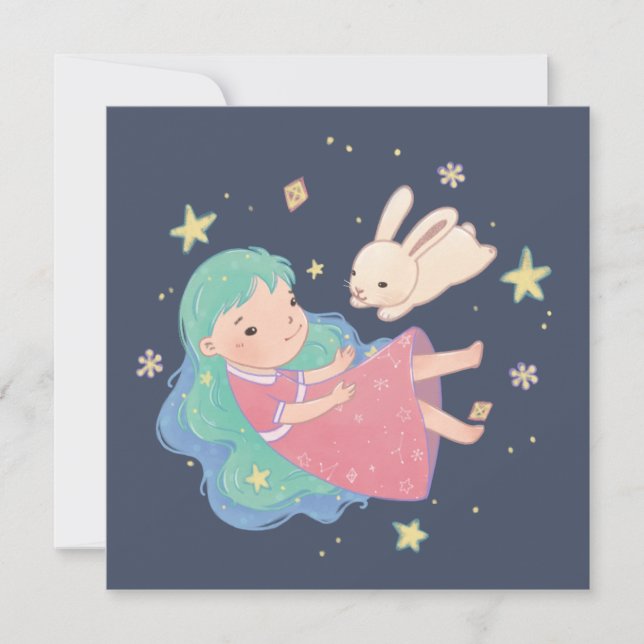 Starry Night Bunny & Girl Illustration Card (Front)