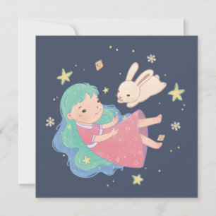 Starry Night Bunny & Girl Illustration Card