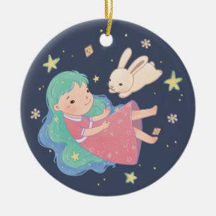 Starry Night Bunny & Girl Illustration Ceramic Tree Decoration