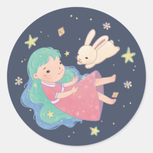 Starry Night Bunny & Girl Illustration Classic Round Sticker