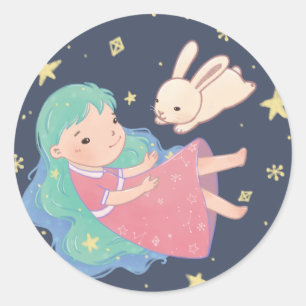 Starry Night Bunny & Girl Illustration Classic Round Sticker