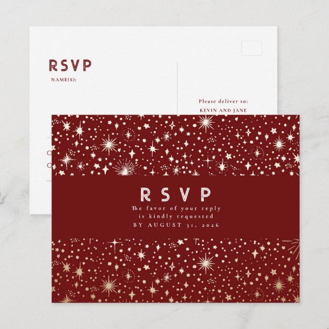 Starry Night Burgundy Red and Gold Wedding RSVP Postcard (Front/Back)