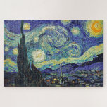 Starry Night by van Gogh Jigsaw Puzzle<br><div class="desc">Van Gogh was obsessed by the symbolism of luminous objects and of color. The lamp was a symbol of calm and security. The star symbolized faith,  and gaslight,  human realities. Deep ultramarine blue was infinity,  while red and green expressed "those terrible things,  men's passions.</div>