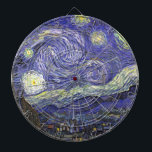 Starry Night by Vincent van Gogh Dartboard<br><div class="desc">Starry Night by Vincent van Gogh is a vintage fine art post impressionism landscape cityscape painting featuring a view of Saint Remy, France from van Gogh's asylum. The night sky is swirling with clouds with a bright crescent moon and shining stars over the quaint village. Starry Night is probably van...</div>