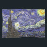 Starry Night by Vincent van Gogh Tea Towel<br><div class="desc">Starry Night by Vincent van Gogh is a vintage fine art post impressionism landscape cityscape painting featuring a view of Saint Remy, France from van Gogh's asylum. The night sky is swirling with clouds with a bright crescent moon and shining stars over the quaint village. Starry Night is probably van...</div>
