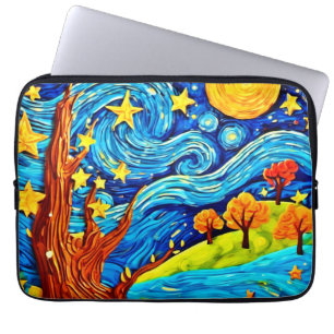 Starry Night Cartoon: Surrealism Inspired Art Laptop Sleeve