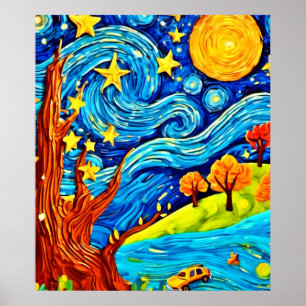 Starry Night Cartoon: Surrealism Inspired Art Poster