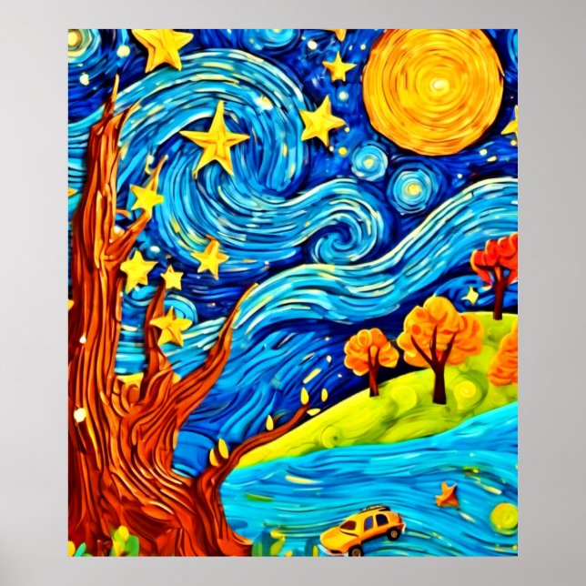 Starry Night Cartoon: Surrealism Inspired Art Poster (Front)
