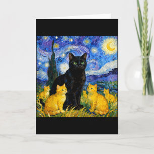 Starry Night Cat Artistic Black Cat &amp; Kittens  Card