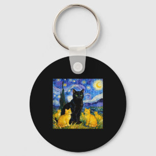 Starry Night Cat Artistic Black Cat &amp; Kittens  Key Ring