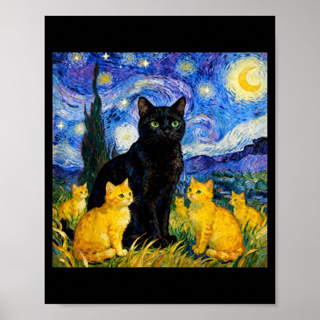 Starry Night Cat Artistic Black Cat &amp; Kittens  Poster (Front)