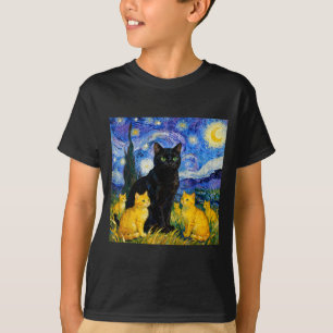 Starry Night Cat Artistic Black Cat & Kittens T-Shirt