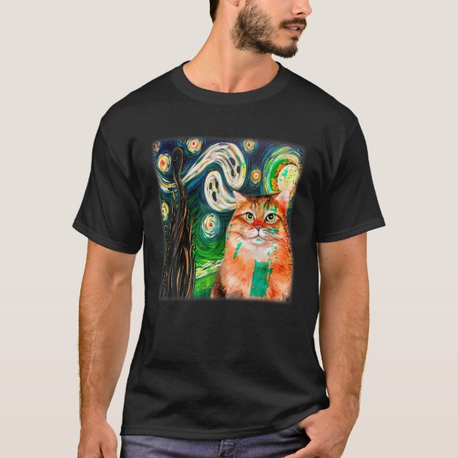 Starry Night Cat Van Gogh Ghost Scary Halloween Co T-Shirt (Front)