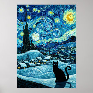 Starry Night Cat Van Gogh Inspired Starry Sky Poster