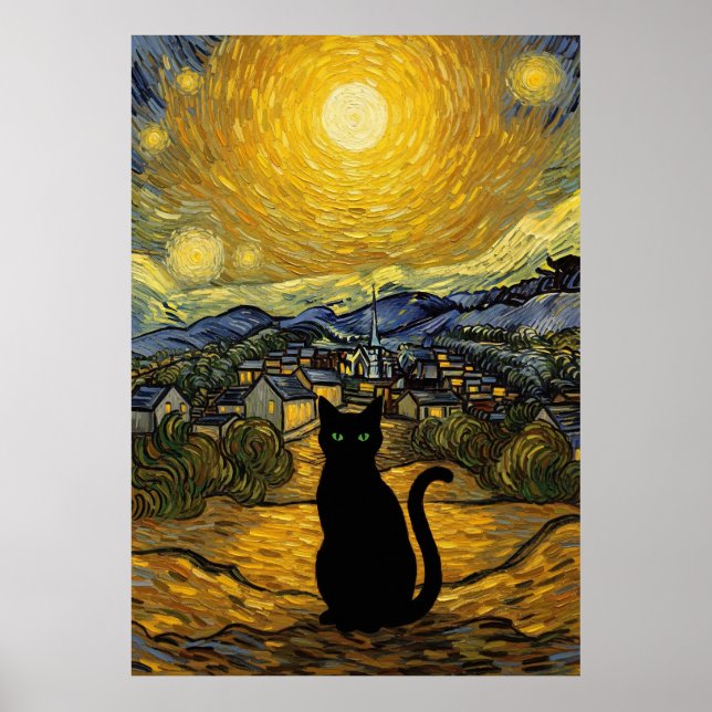 Starry Night Cat Van Gogh Inspired Starry Sky Poster (Front)