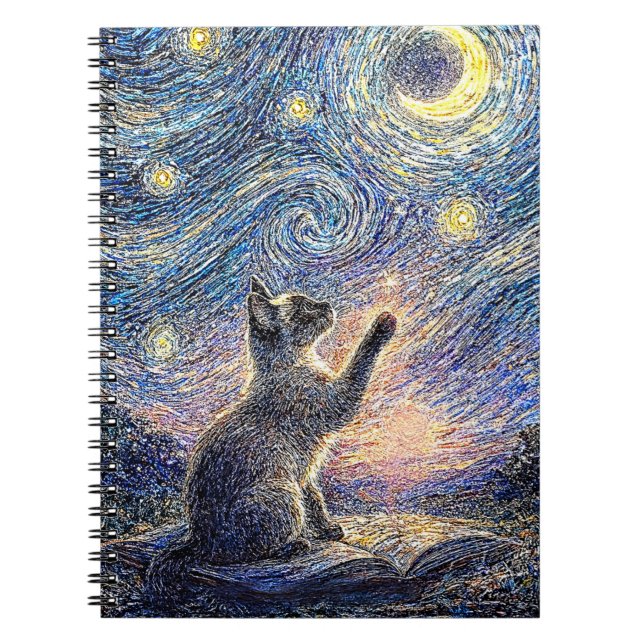 Starry Night Cat – Van Gogh Style Art  Notebook (Front)