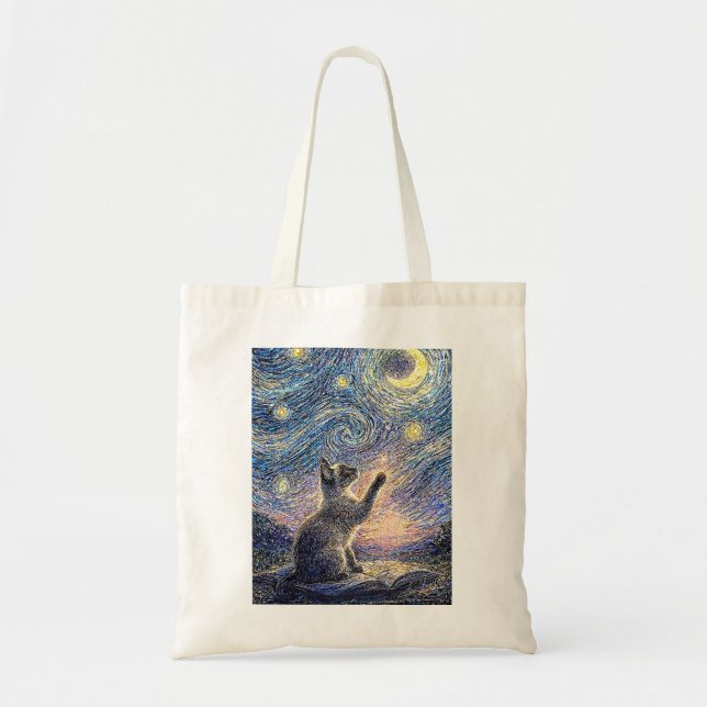 Starry Night Cat – Van Gogh Style Art  Tote Bag (Front)