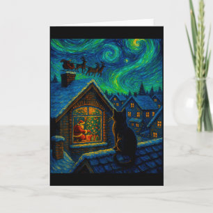 Starry Night Cat Watching Santa Van Gogh Style Chr Card