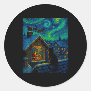 Starry Night Cat Watching Santa Van Gogh Style Chr Classic Round Sticker