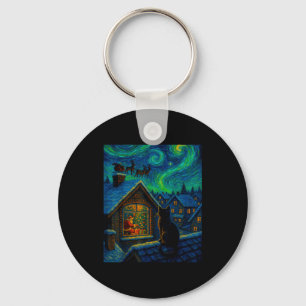Starry Night Cat Watching Santa Van Gogh Style Chr Key Ring
