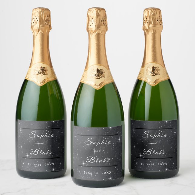 Starry Night Celestial Bride & Groom Wedding Sparkling Wine Label (Bottles)