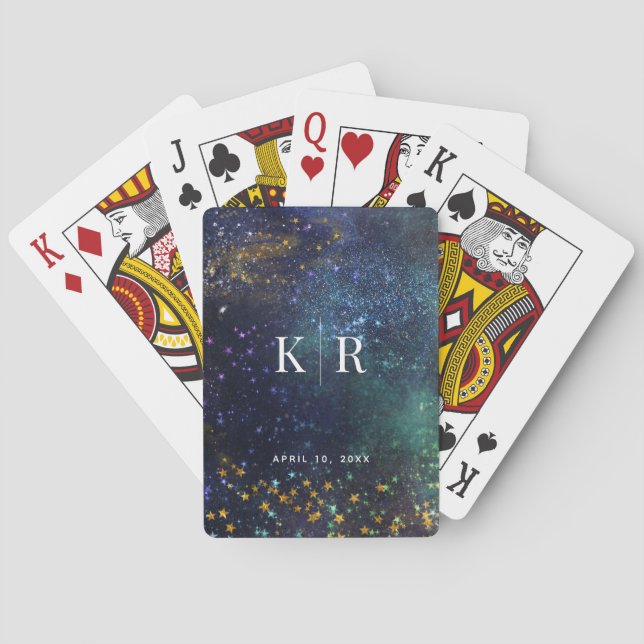 Starry Night Celestial Galaxy Monogram Wedding Playing Cards (Back)