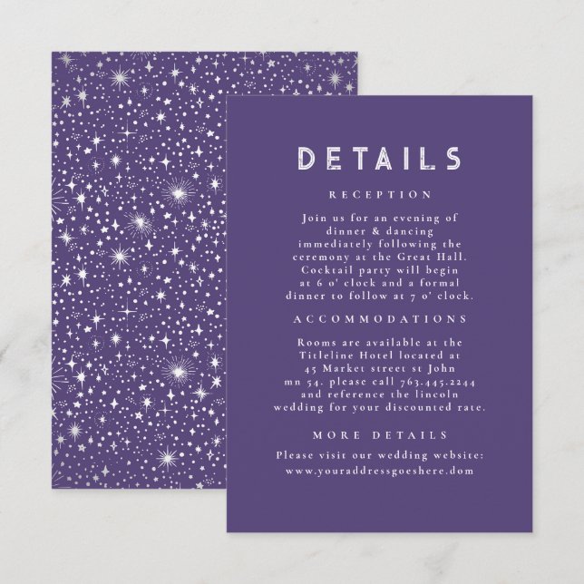 Starry Night Celestial Purple Wedding Details Enclosure Card (Front/Back)