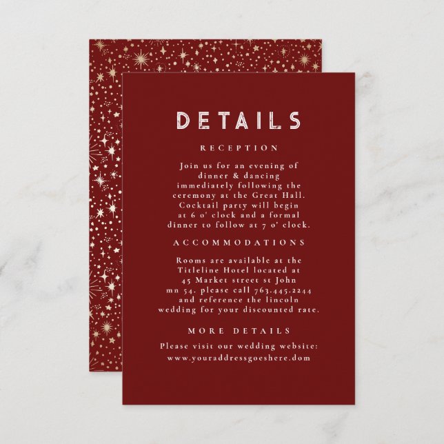 Starry Night Celestial Red Gold Wedding Details Enclosure Card (Front/Back)