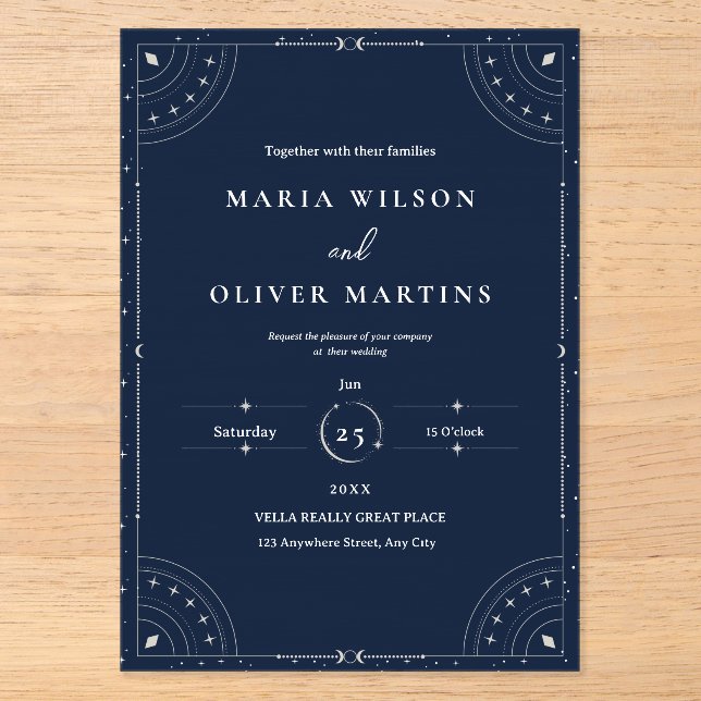 Starry Night Celestial Wedding Navy Blue Elegant  Acrylic Invitations (Front)