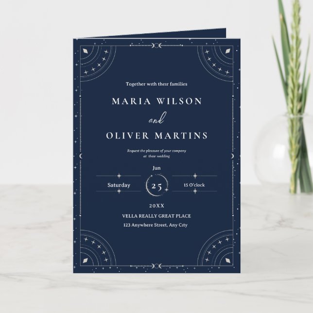 Starry Night Celestial Wedding Navy Blue Elegant  Card (Front)