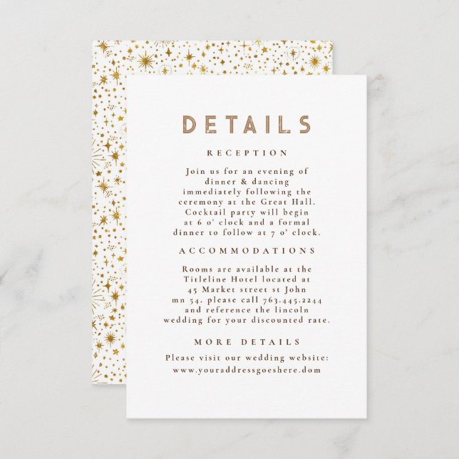 Starry Night Celestial White Gold Wedding Details Enclosure Card (Front/Back)