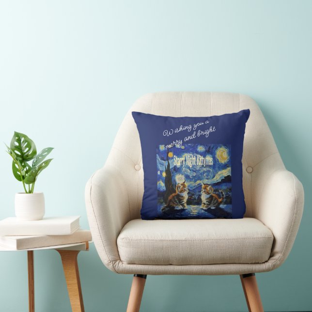 Starry Night Christmas Cat Lover Kittymas Fun Cushion (Chair)
