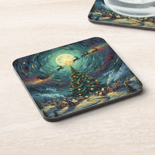 Starry Night Christmas Coaster Set 6 Santa Sleigh (Left Side)