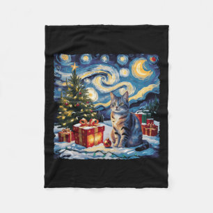 Starry Night Christmas Non-pedigreed Cat Van Gogh  Fleece Blanket