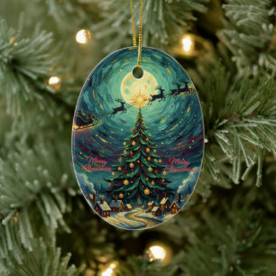 Starry Night Christmas Oval Santa Ceramic Tree Decoration