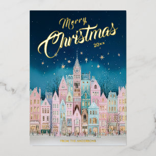Starry Night Christmas Town Foil Holiday Card
