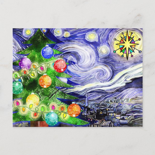Starry Night Christmas Tree Watercolor Announcement Postcard (Front)
